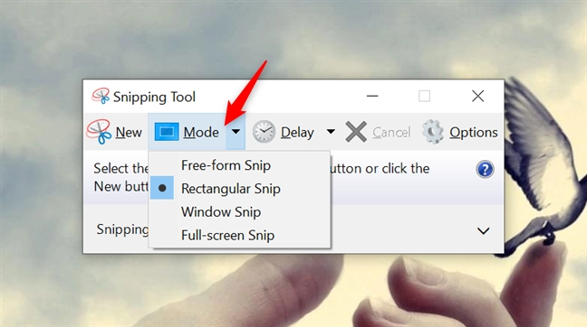The Mode button from the Snipping Tool in Windows 10