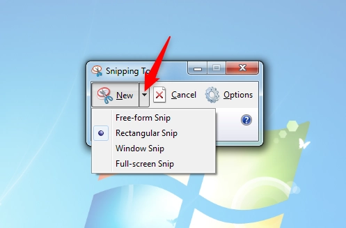 Select the type of screenshot in the Snipping Tool for Windows 7