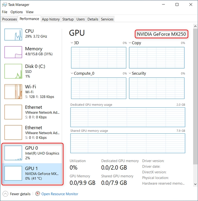 In Task Manager, go to Performance, and then to GPU
