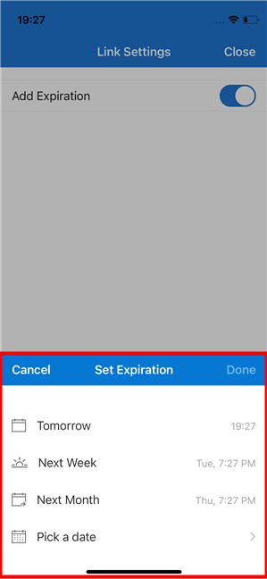 Set Expiration for a OneDrive link on iPhone