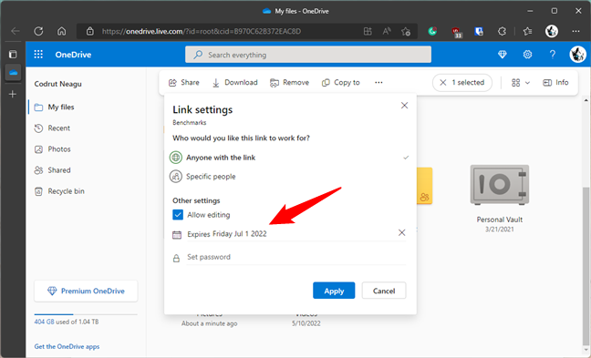 OneDrive sharing link expiration date
