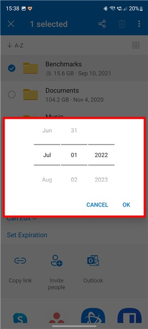 Pick an expiration date for the OneDrive link