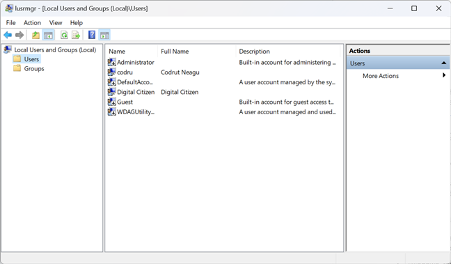 List of user accounts shown by Computer Management (lusrmgr)