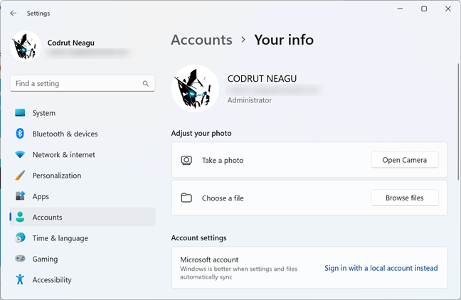 The settings page of a user account in Windows 11