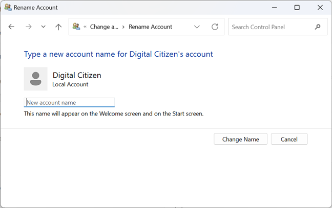 Changing the name of a local account