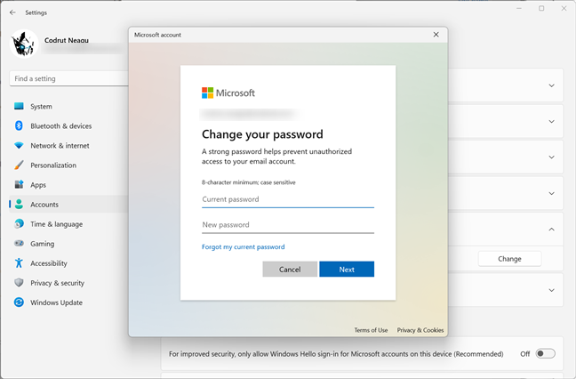 Changing the password of a Microsoft account
