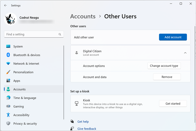 A local standard user account in Windows 11