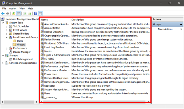 List of user groups in Windows 10