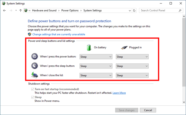 Power and sleep buttons and lid settings on a Windows laptop