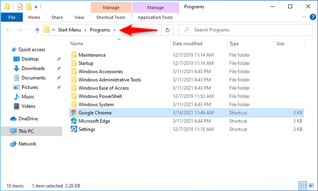 The Start Menu Programs folder in Windows 10
