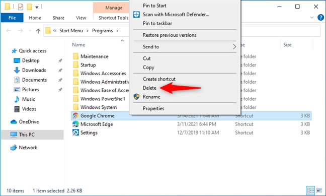 Deleting the shortcut of an application from Windows 10's Start Menu