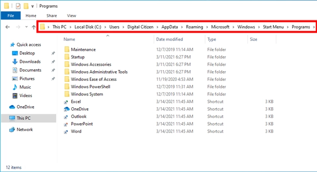 The location of your the Start Menu Programs folder for your user account
