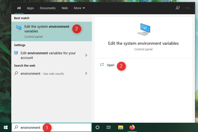 Using search to open the enviroment variables in Windows 10