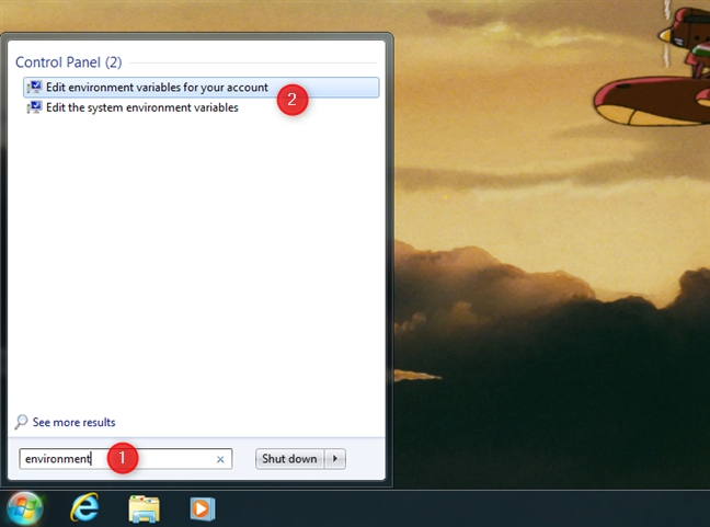 Using search to open the enviroment variables in Windows 7