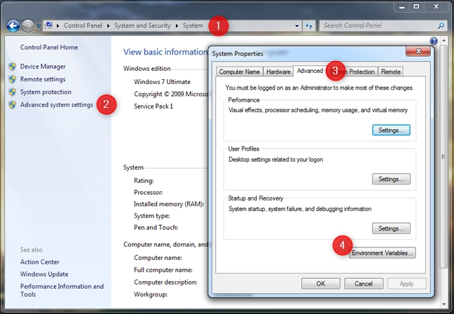 Using Control Panel to open the enviroment variables in Windows 7