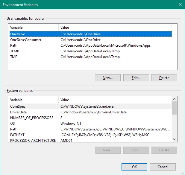 Environment Variables window in Windows