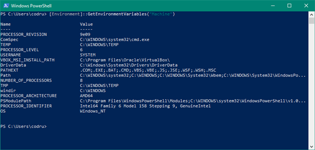 List of system variables in PowerShell: [Environment]::GetEnvironmentVariables("Machine")