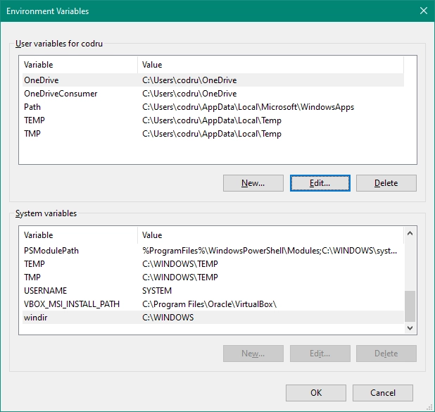 Environment user and system variables in Windows 10