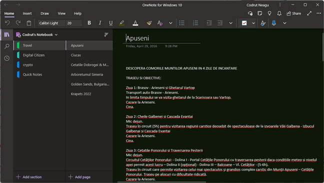 The OneNote for Windows 10 app