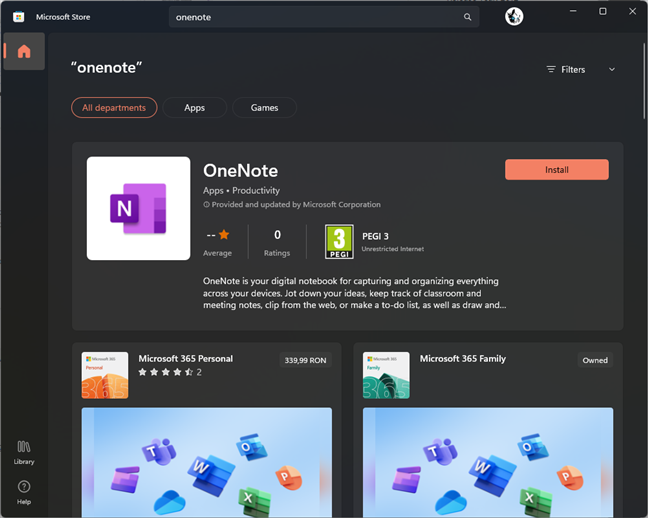 Microsoft Store lists only the OneNote app for Windows desktop