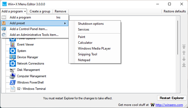 Add a program with Win+X Menu Editor