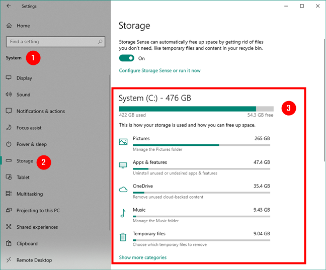 Storage usage for the Windows 10 system drive