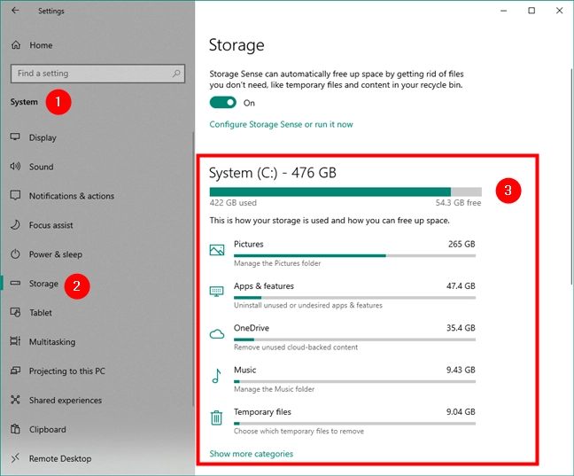 Storage usage for the Windows 10 system drive