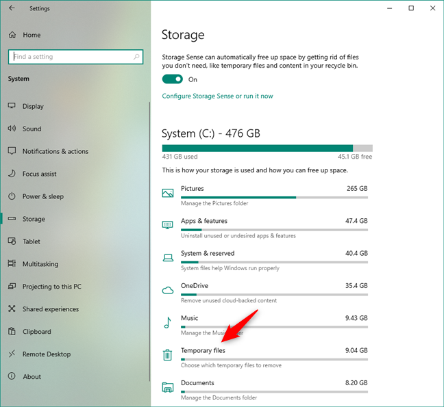 Temporary files storage usage in Windows 10