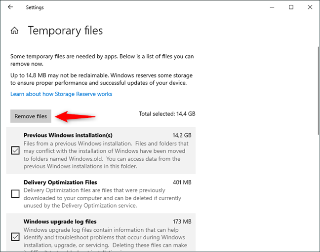 Removing the selected types of temporary files