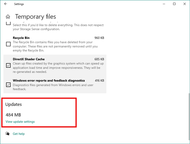 Windows 10 updates storage details