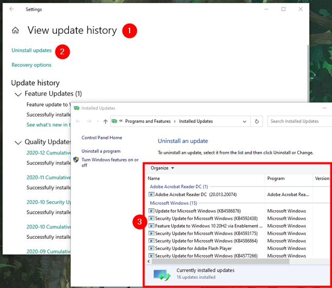 Uninstalling Windows 10 updates