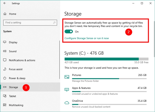 The Storage Sense panel from Settings