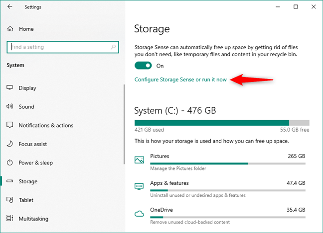 Configure Storage Sense or run it now