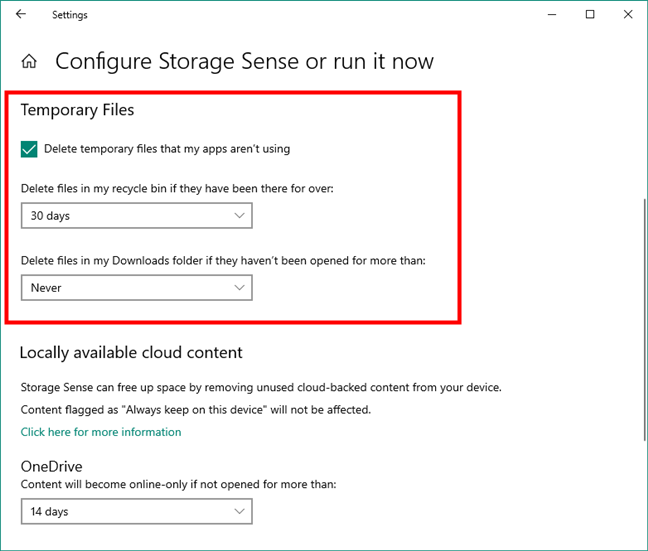 Temporary Files cleanup options in Windows 10's Storage Sense