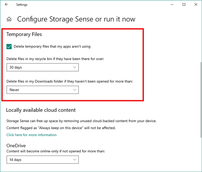 Temporary Files cleanup options in Windows 10's Storage Sense