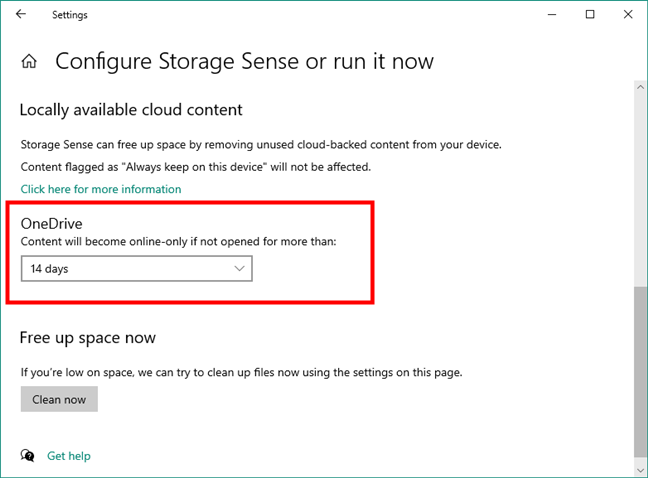 OneDrive cleanup options in Windows 10's Storage Sense