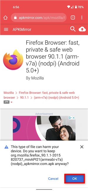 Press OK to download the APK file