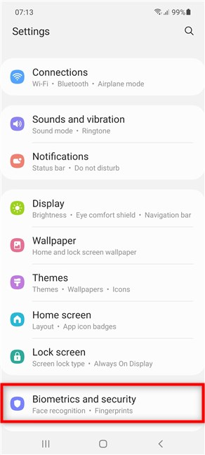 Access the Biometrics and security settings