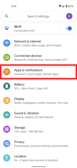 Access Apps & notifications settings