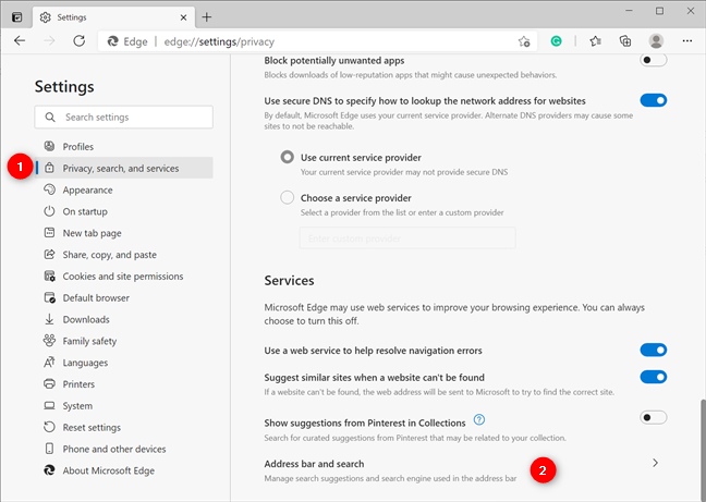 Access the search settings in Microsoft Edge