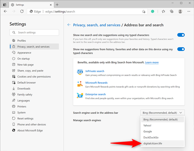 Use a custom site as the default Edge search engine