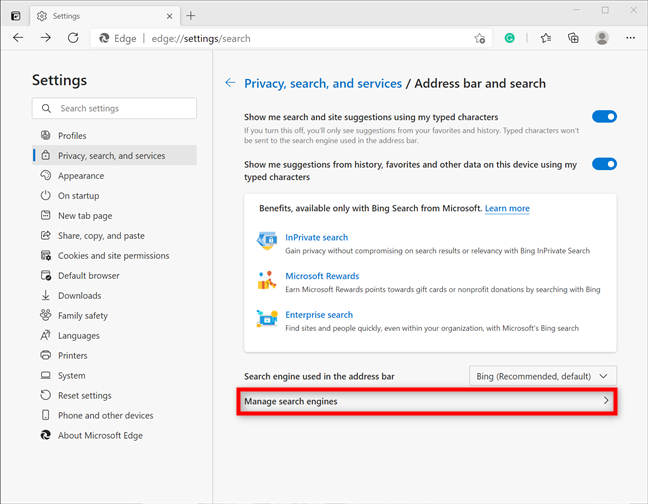 Access more options to Manage search engines