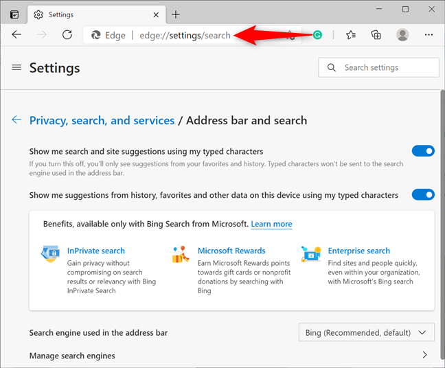 Access Edge's search settings using the address bar