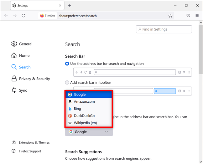 Select one of the available search engines to set it as default