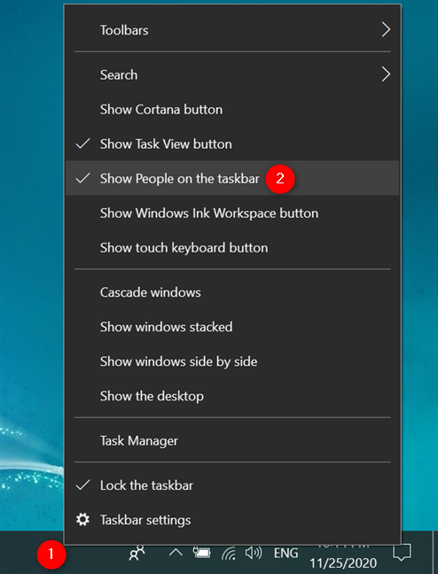 In Windows 10, remove the People icon using the taskbar's contextual menu