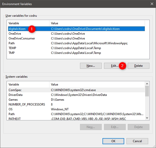 How to edit an environment variable in Windows 10