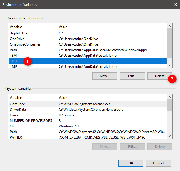 How to delete an environment variable in Windows 10