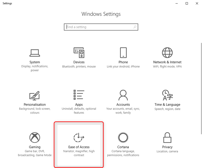 In Windows 10 Settings, go to Ease of Access