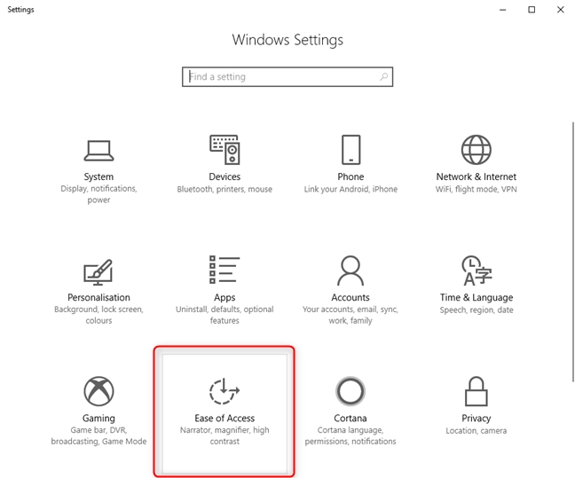 In Windows 10 Settings, go to Ease of Access
