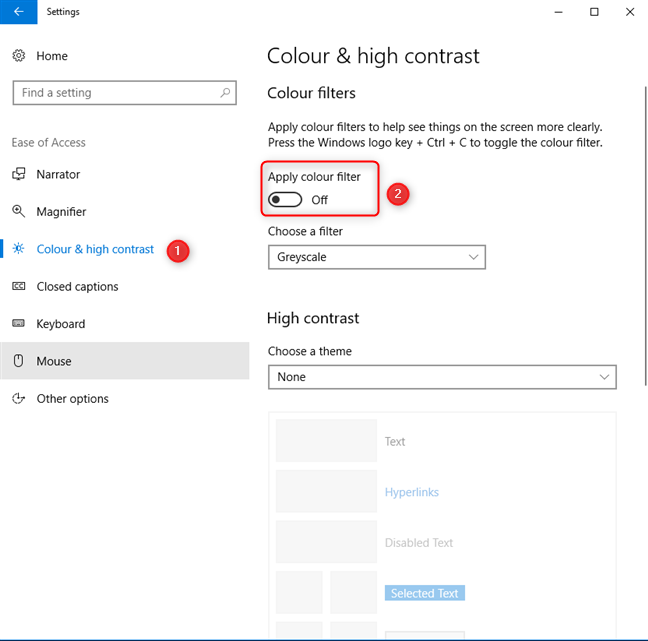 How to change the colours using colour filters in Windows 10